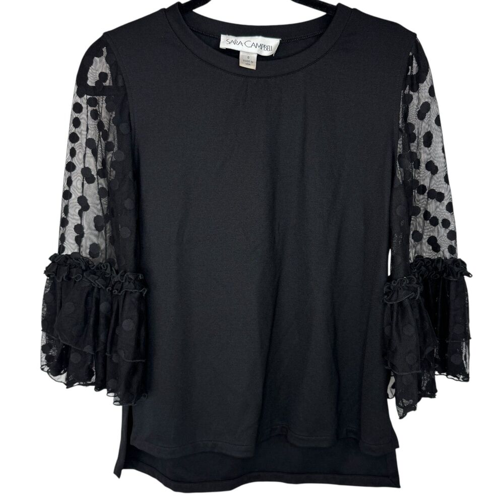 Sara Campbell Black 3/4 sleeve top with polka dot mesh ruffle sleeves Size Small
